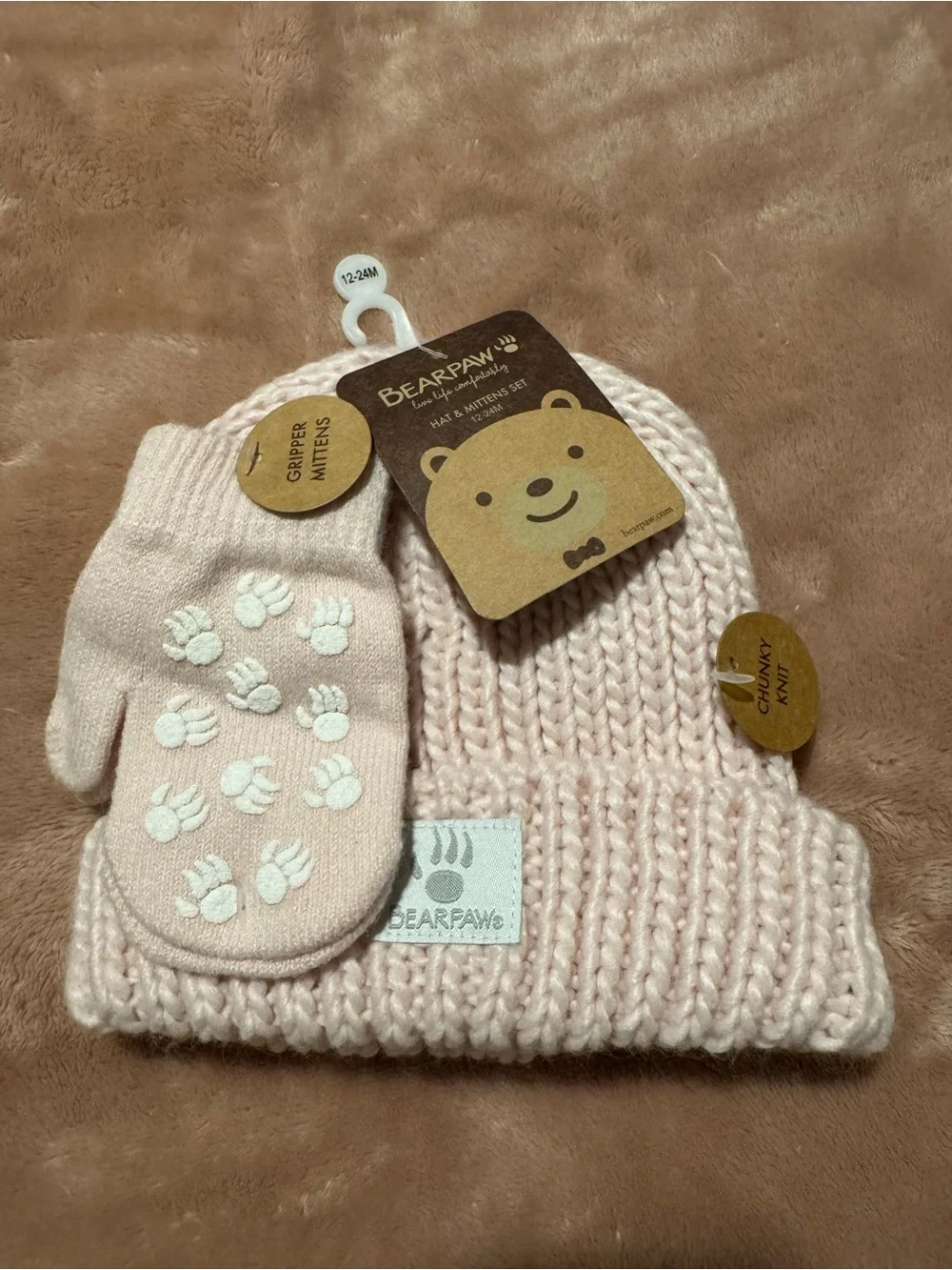 NWT Bearpaw Knit Hat and Mittens Set, Pink, Size 12-24 Months